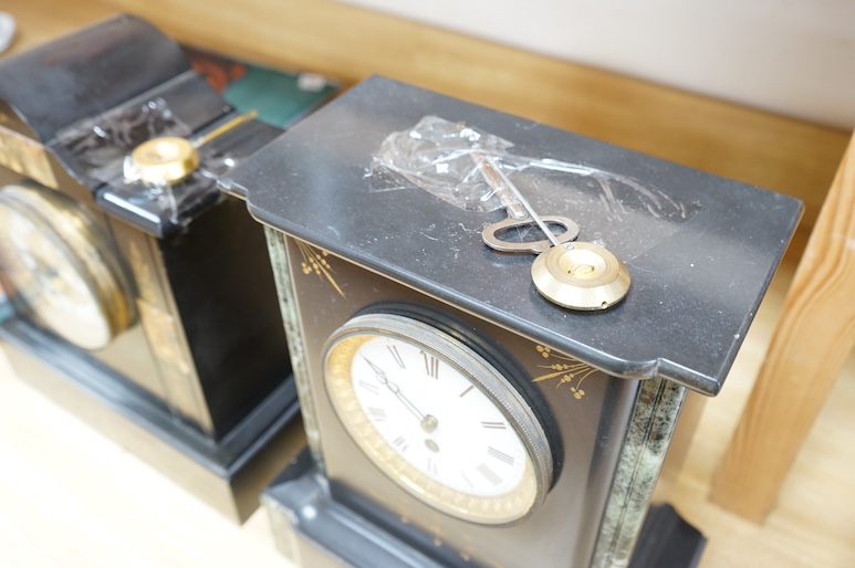 Two Victorian slate mantel clocks, each with pendulum and key, largest 35cm high. Condition - fair to good, untested